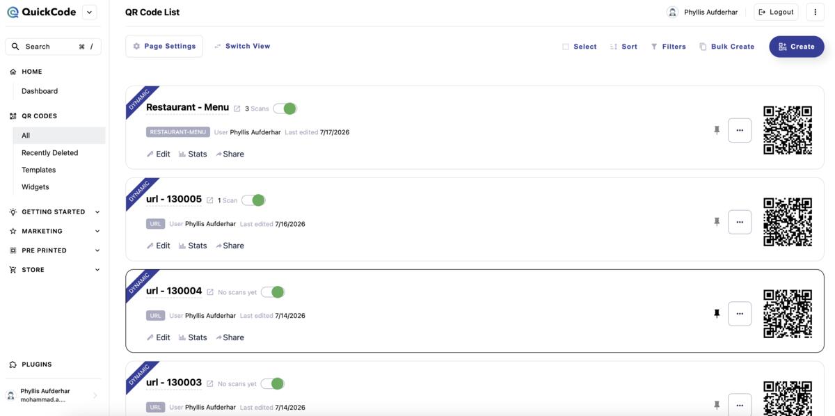 Quick Code dashboard
